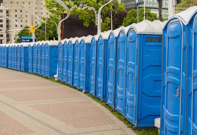 a row of portable restrooms at a fairground, offering visitors a clean and hassle-free experience in mullins